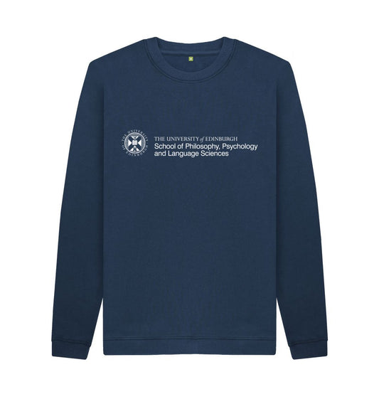 Navy sweatshirt  with white University crest and text that reads ' University of Edinburgh School of Philosophy, Psychology and Language Sciences