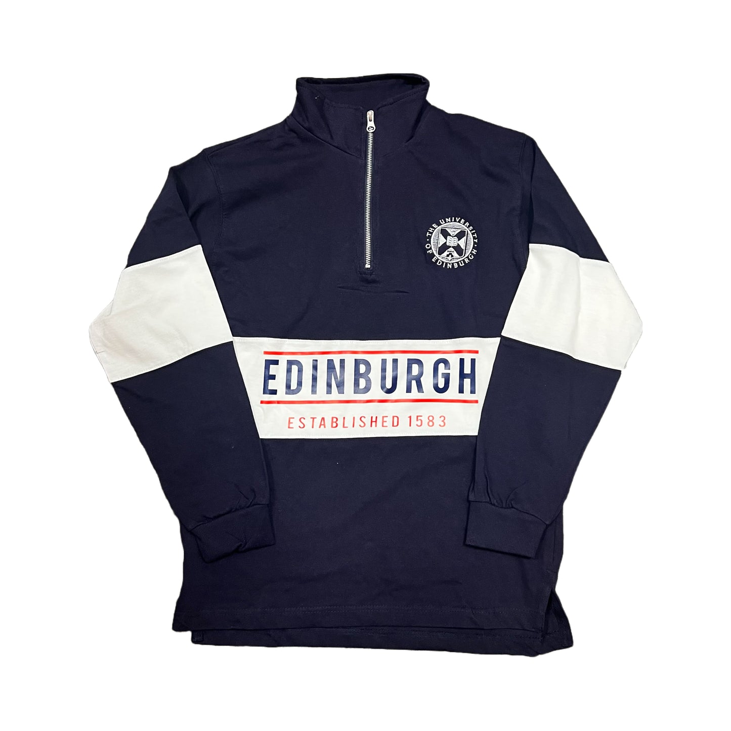 quarter zip navy sweatshirt with white panel around the middle, 'Edinburgh established 1583' print in navy and red and the university crest embroidered in white